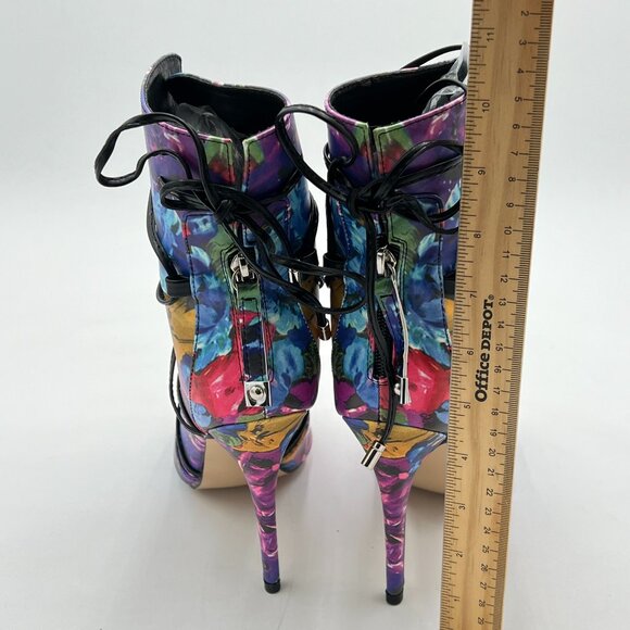 YDN Blue Floral Peep Toe Platform Stiletto Heels Lace Up Cutout Ankle Booties - Picture 5 of 8